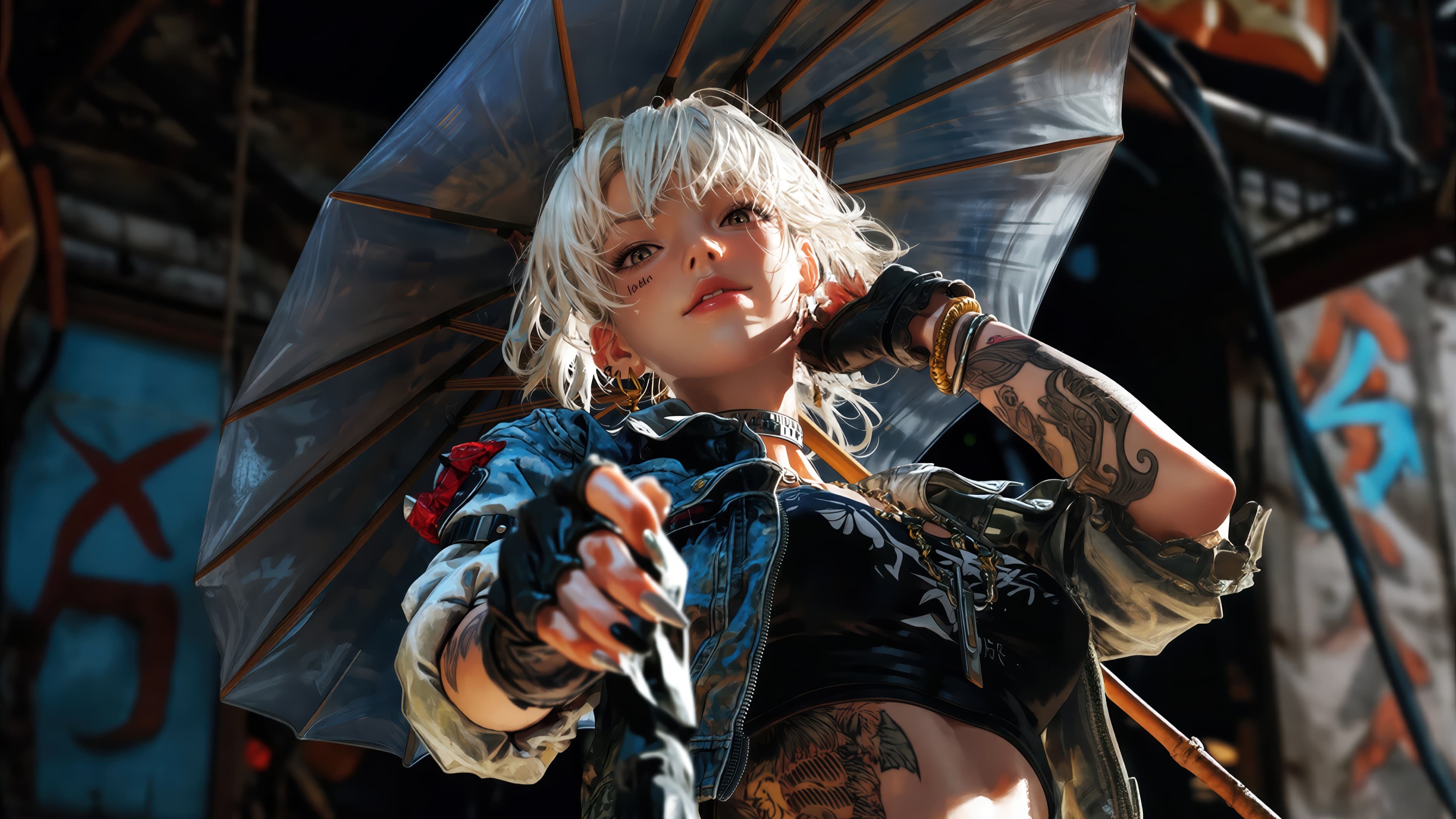 Anime Girl White Hair Tattoo 4k
