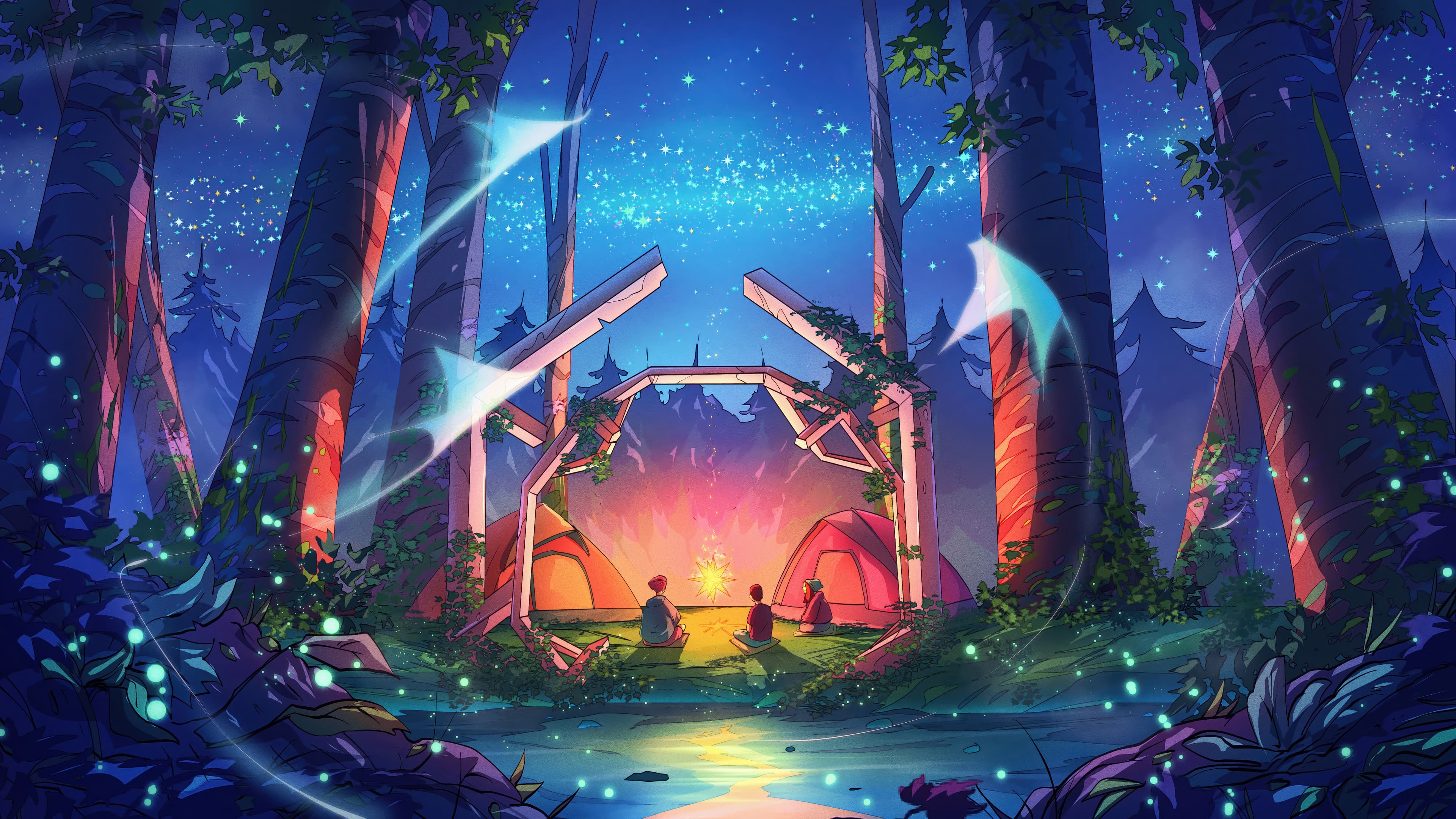 Night Camping Forest Digital Art 4k Wallpaper