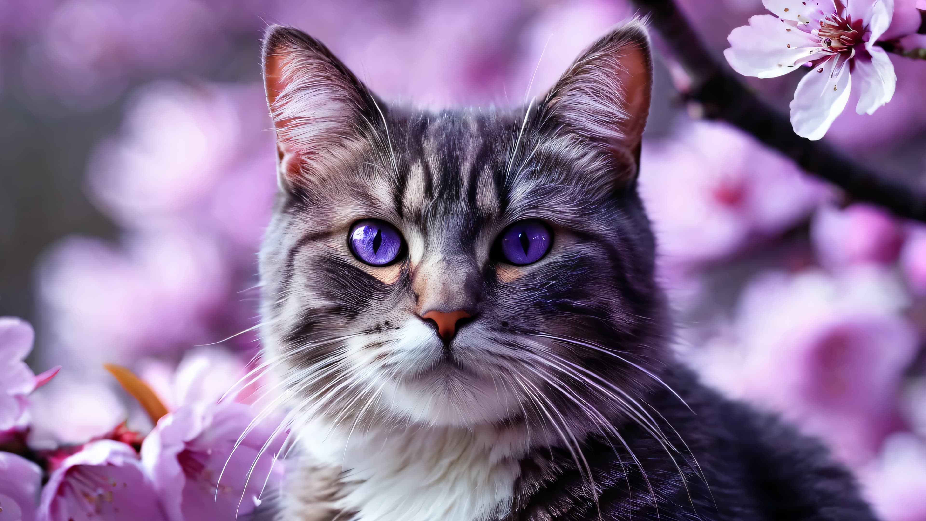 Cat Cherry Blossom 4k Wallpaper